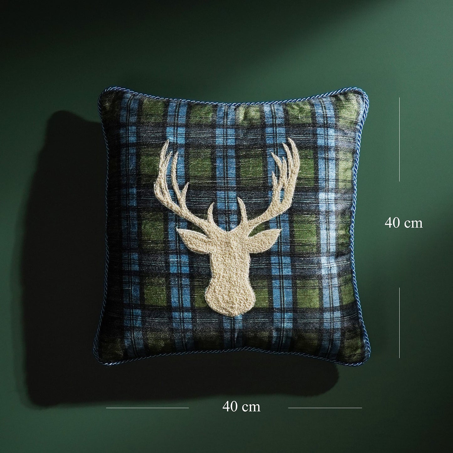 Green Checked Reindeer Embroidered Square Cushion Cover