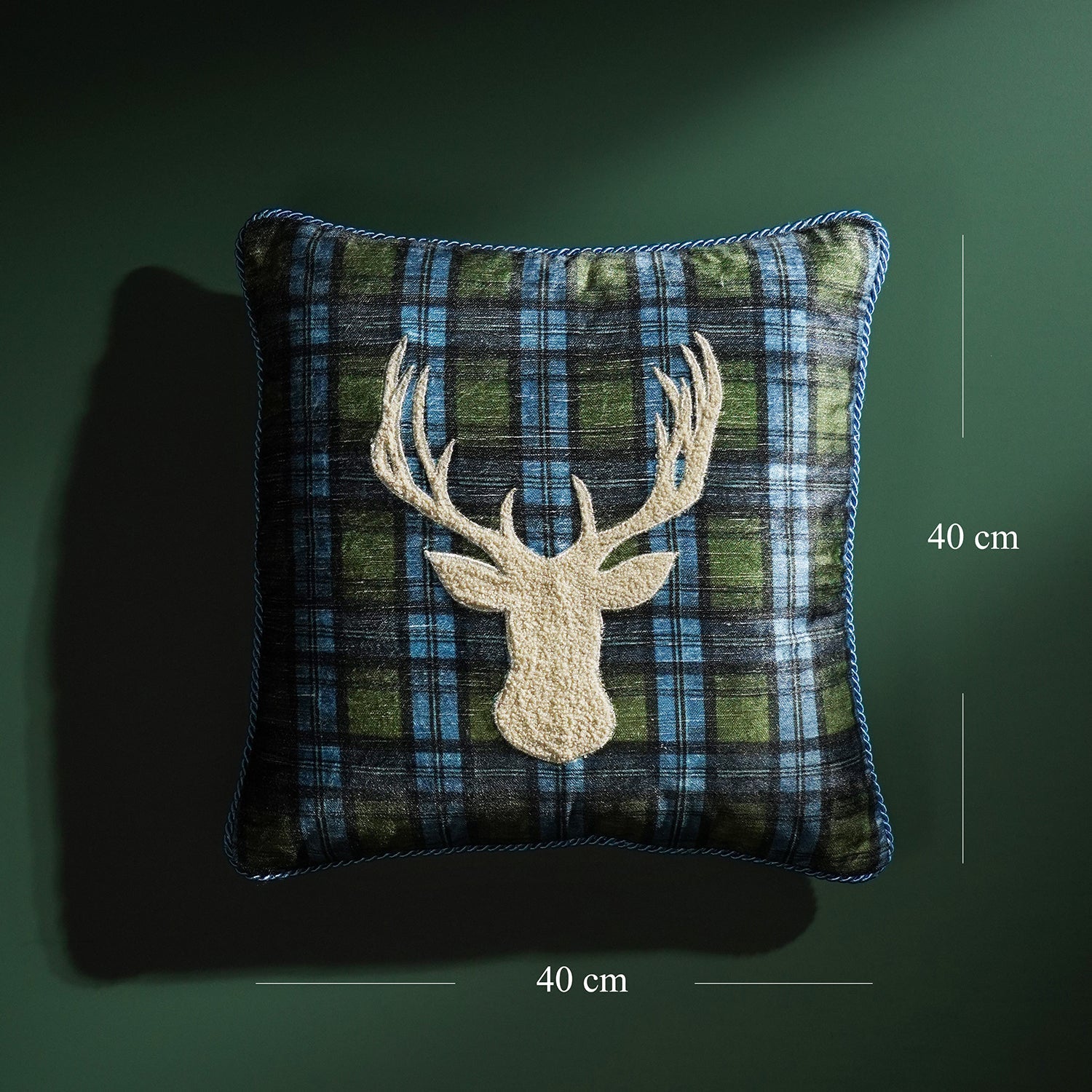 Green Checked Reindeer Embroidered Square Cushion Cover