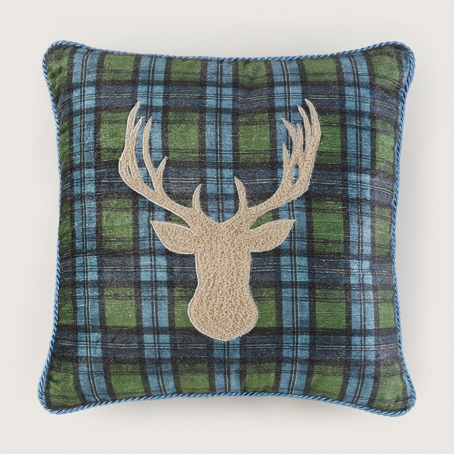 Green Checked Reindeer Embroidered Square Cushion Cover