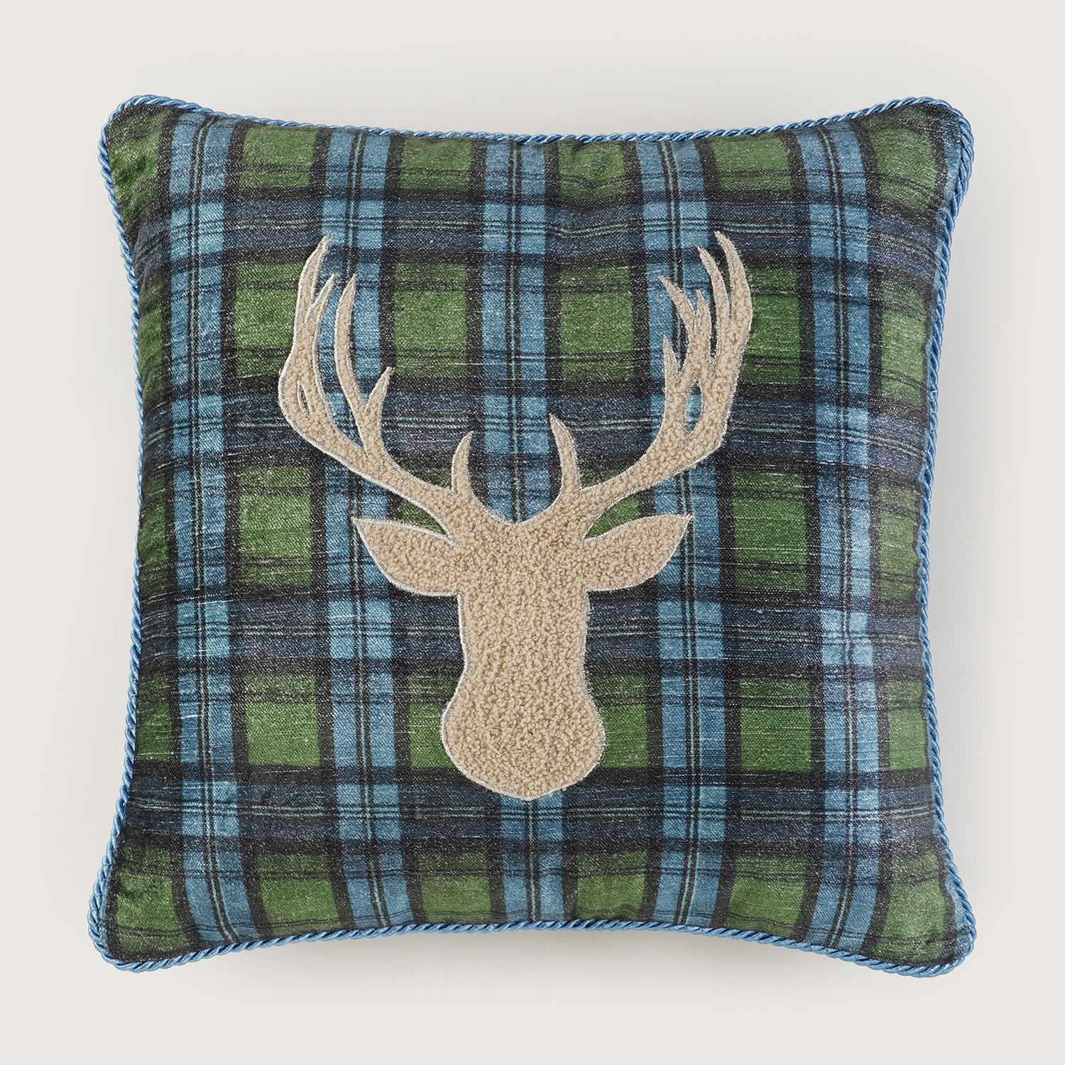 Green Checked Reindeer Embroidered Square Cushion Cover
