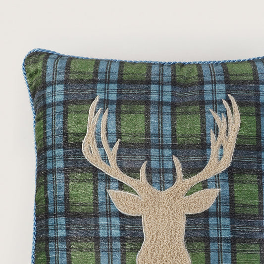 Green Checked Reindeer Embroidered Square Cushion Cover