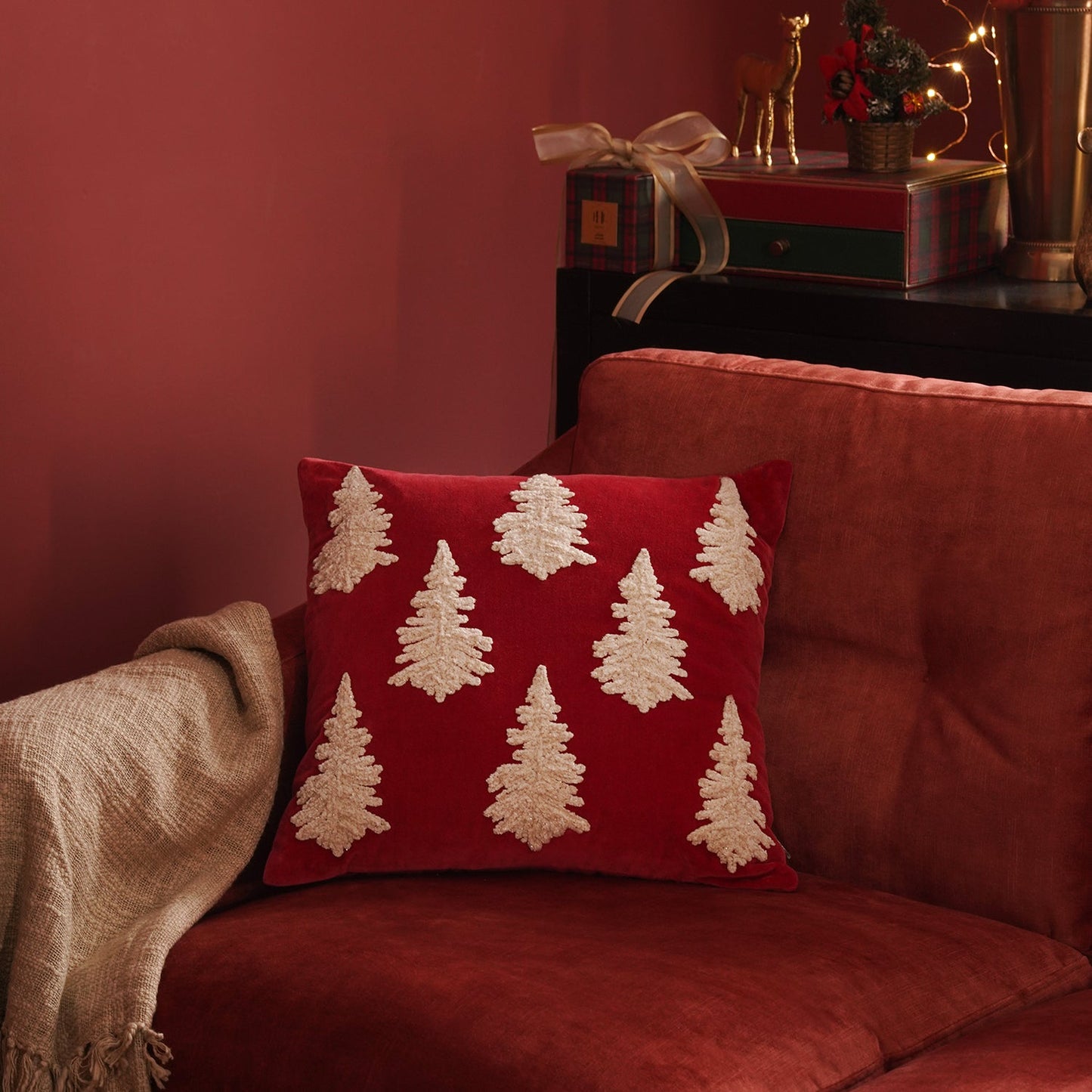 Red Christmas Tree Embroidered Square Cushion Cover