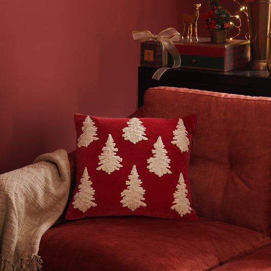 Red Christmas Tree Embroidered Square Cushion Cover