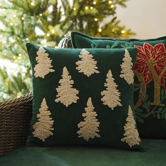 Green Christmas Tree Embroidered Square Cushion Cover