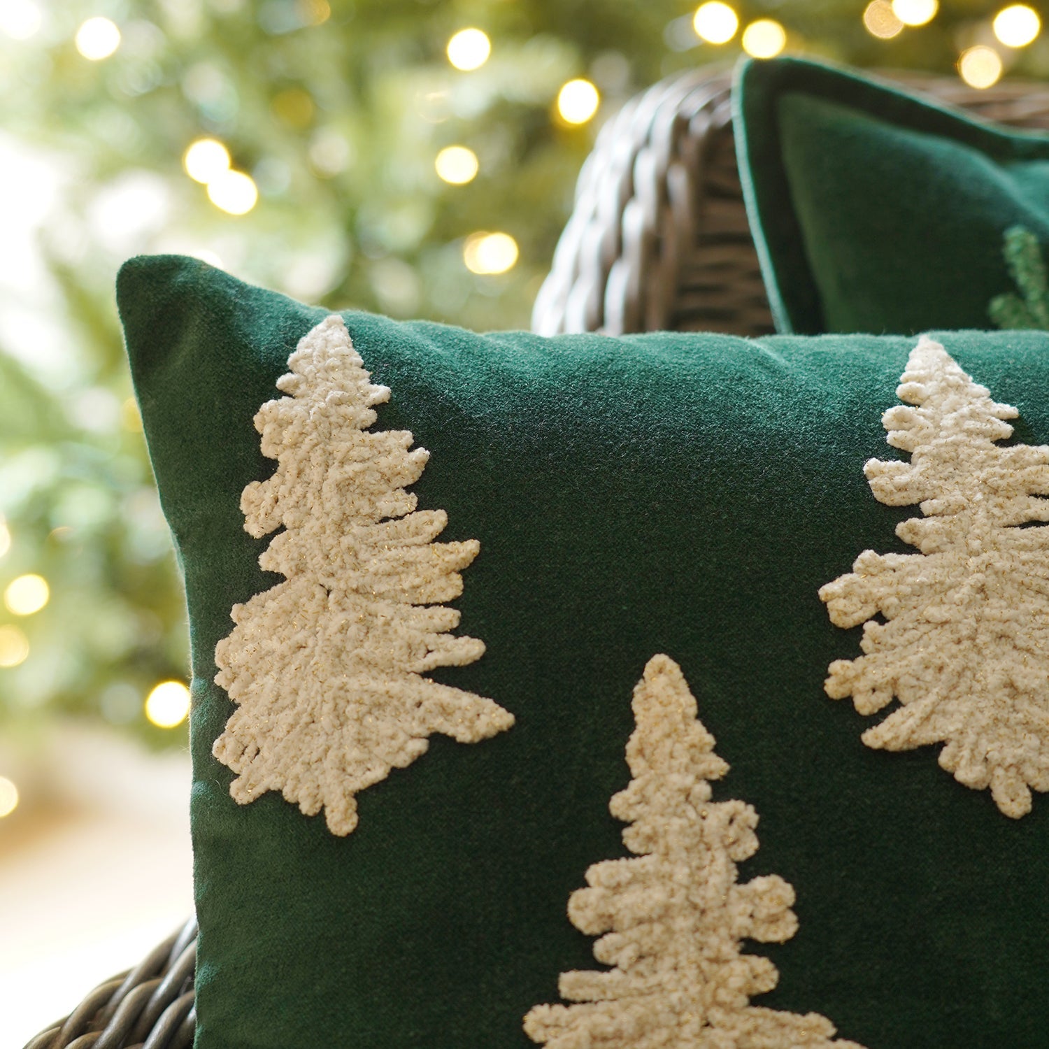 Green Christmas Tree Embroidered Square Cushion Cover