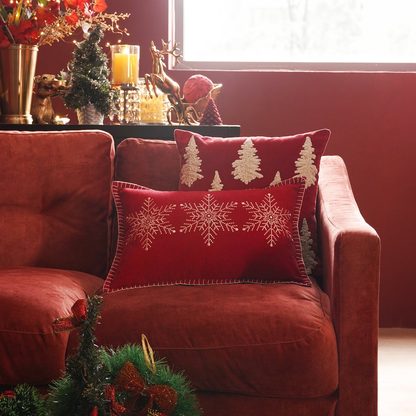 Red Snowflake Embroidered Cushion Cover