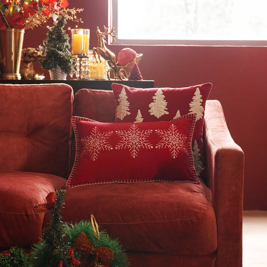 Red Snowflake Embroidered Cushion Cover