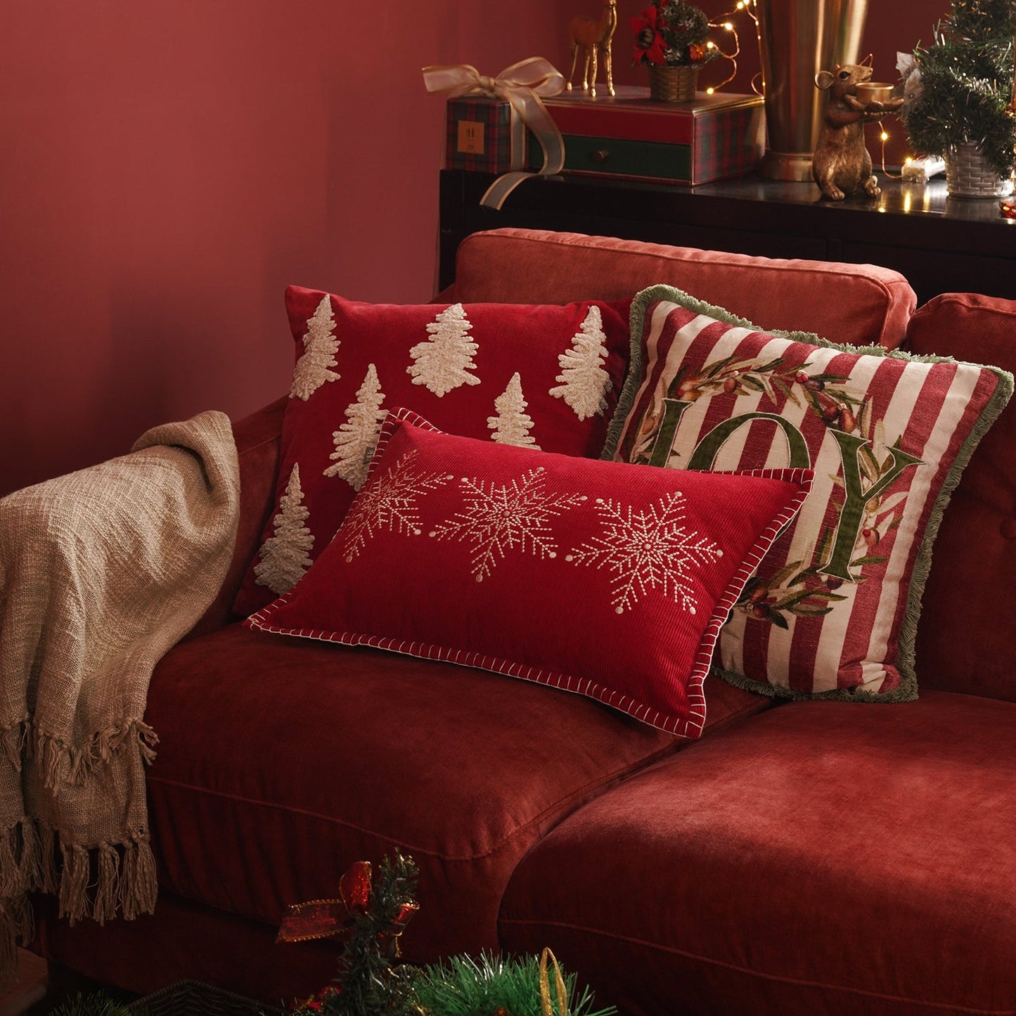 Red Snowflake Embroidered Cushion Cover