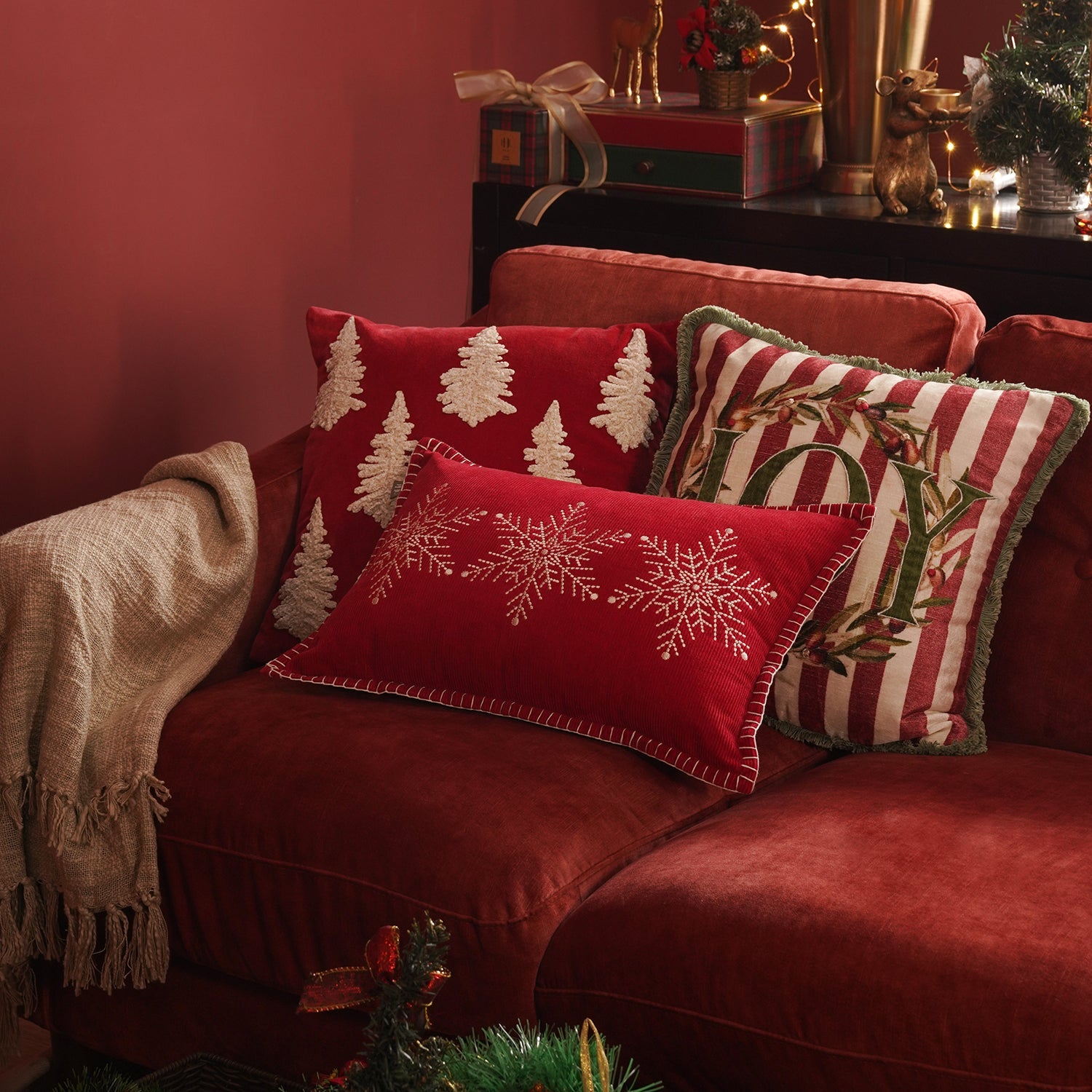 Red Snowflake Embroidered Cushion Cover
