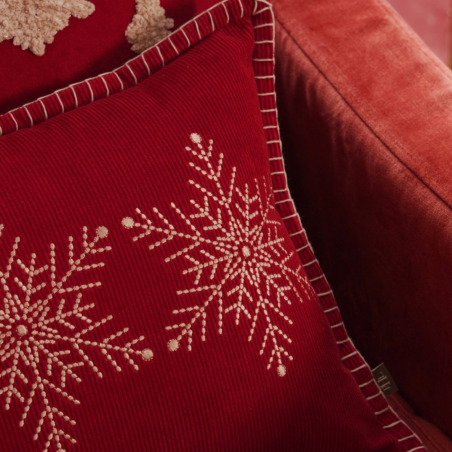 Red Snowflake Embroidered Cushion Cover