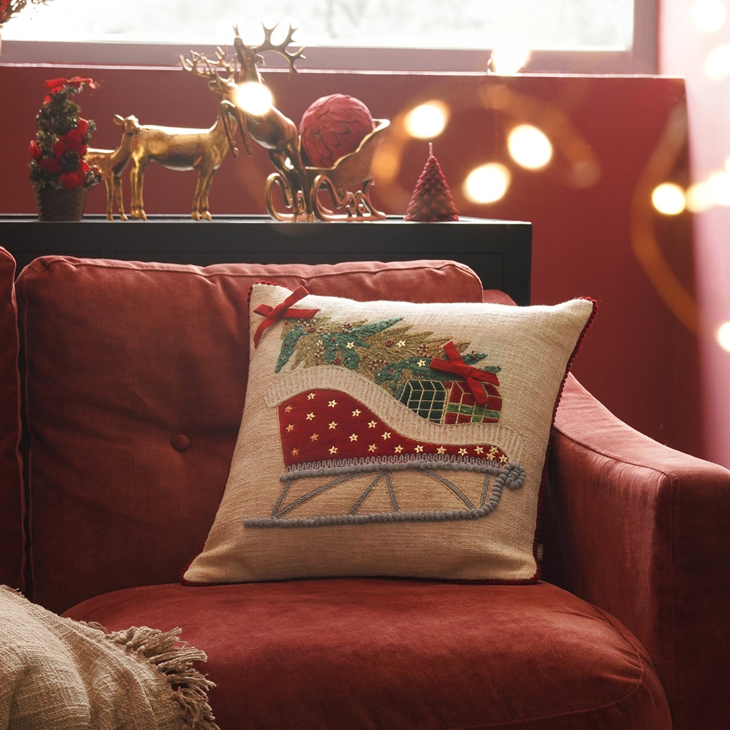 Beige Sleigh Embroidered Square Cushion Cover