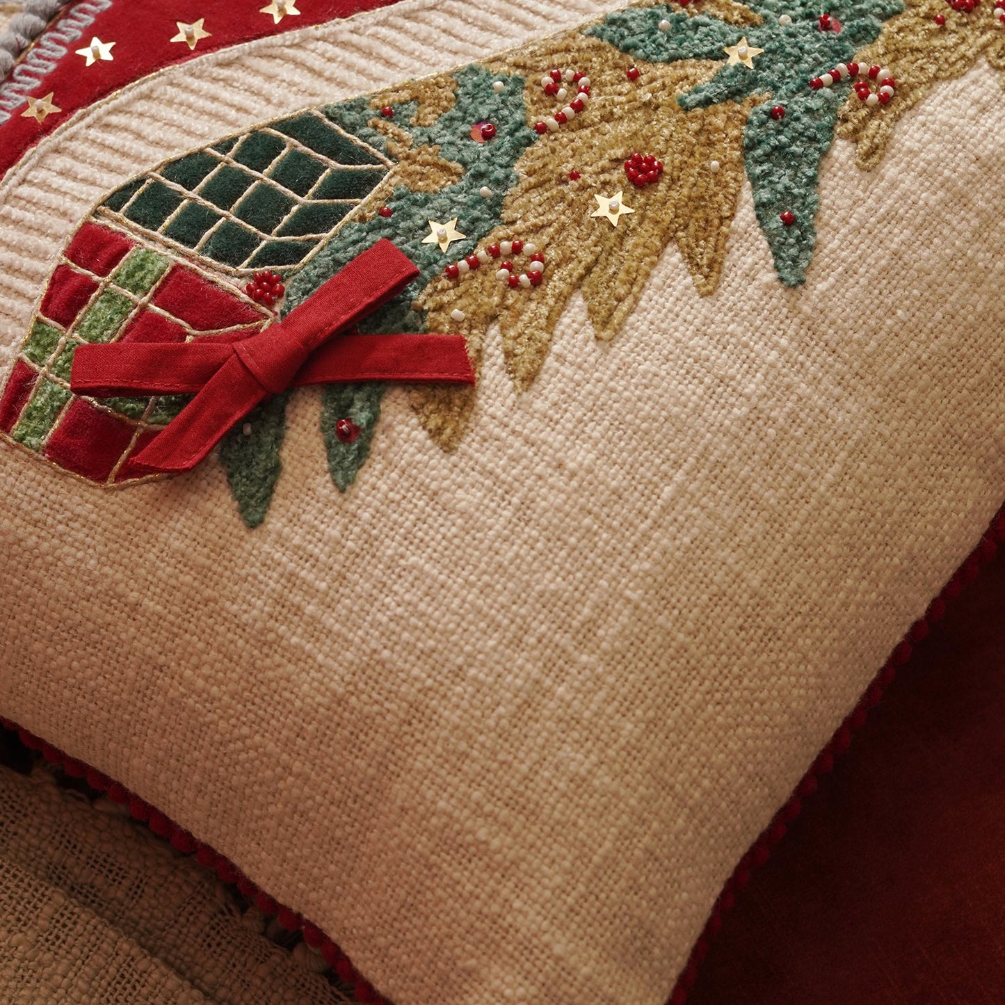 Beige Sleigh Embroidered Square Cushion Cover