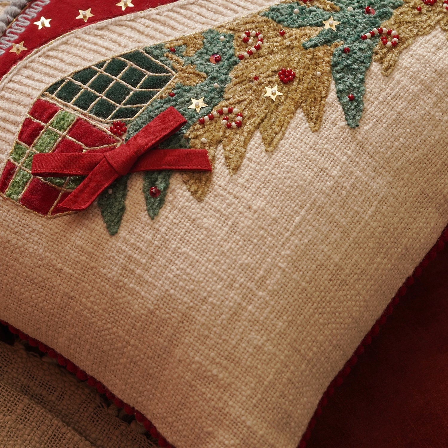 Beige Sleigh Embroidered Square Cushion Cover