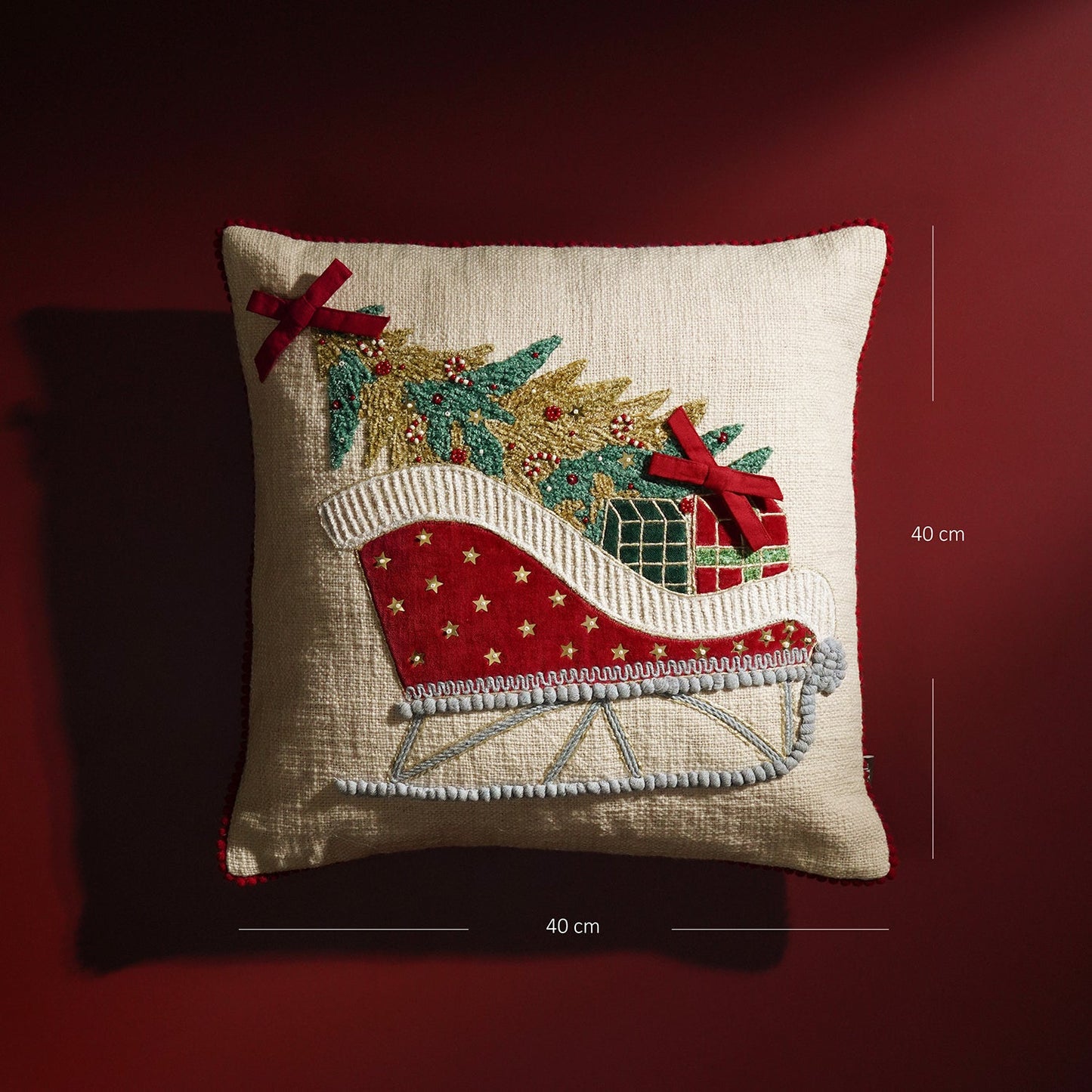 Beige Sleigh Embroidered Square Cushion Cover