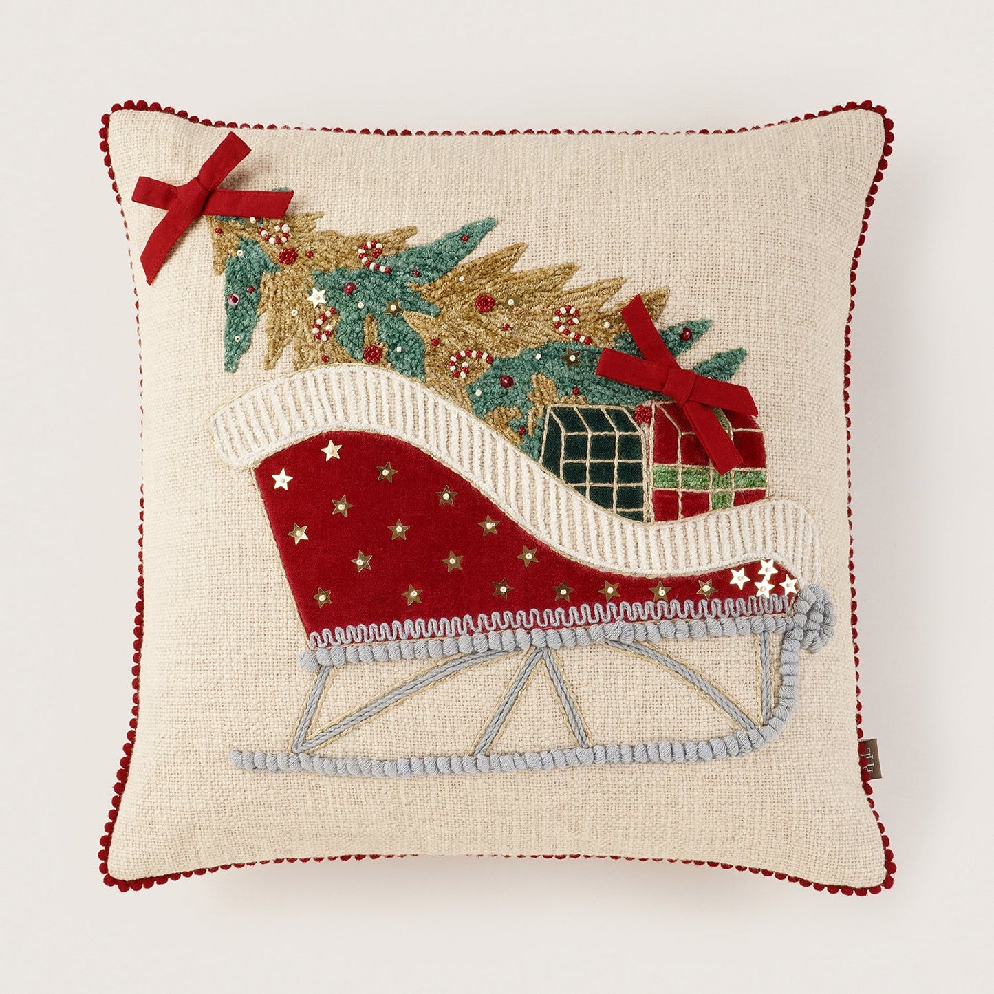Beige Sleigh Embroidered Square Cushion Cover