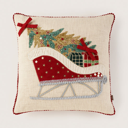 Beige Sleigh Embroidered Square Cushion Cover