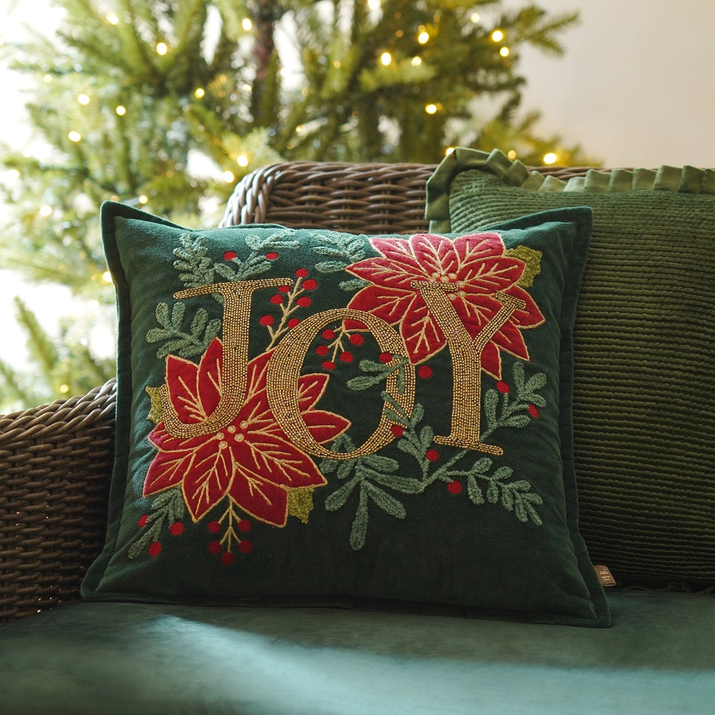 Green Joy Embroidered Square Cushion Cover