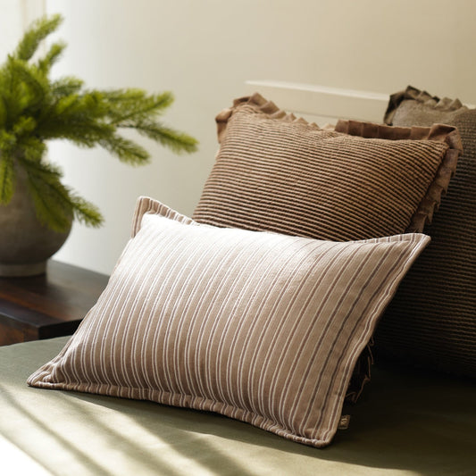 Beige Stripe Embroidered Rectangle Cushion Cover