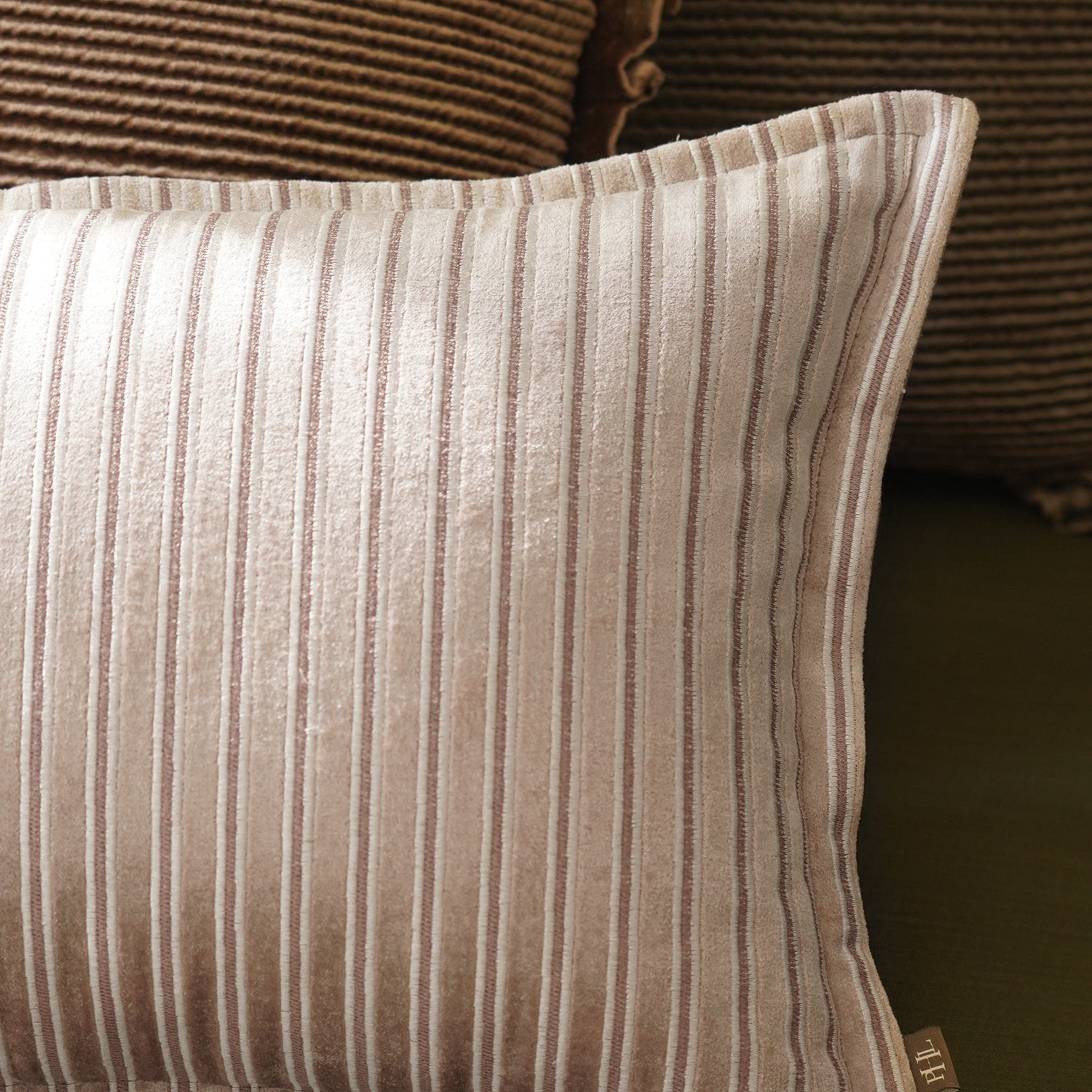 Beige Stripe Embroidered Rectangle Cushion Cover