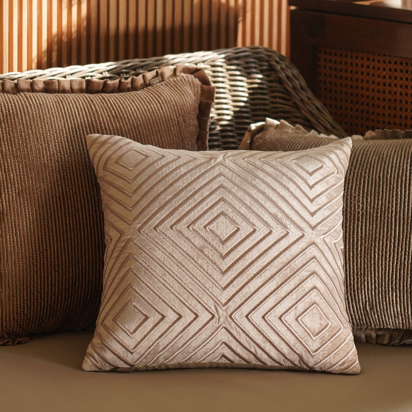 Beige Diamond Stripe Embroidered Cushion Cover