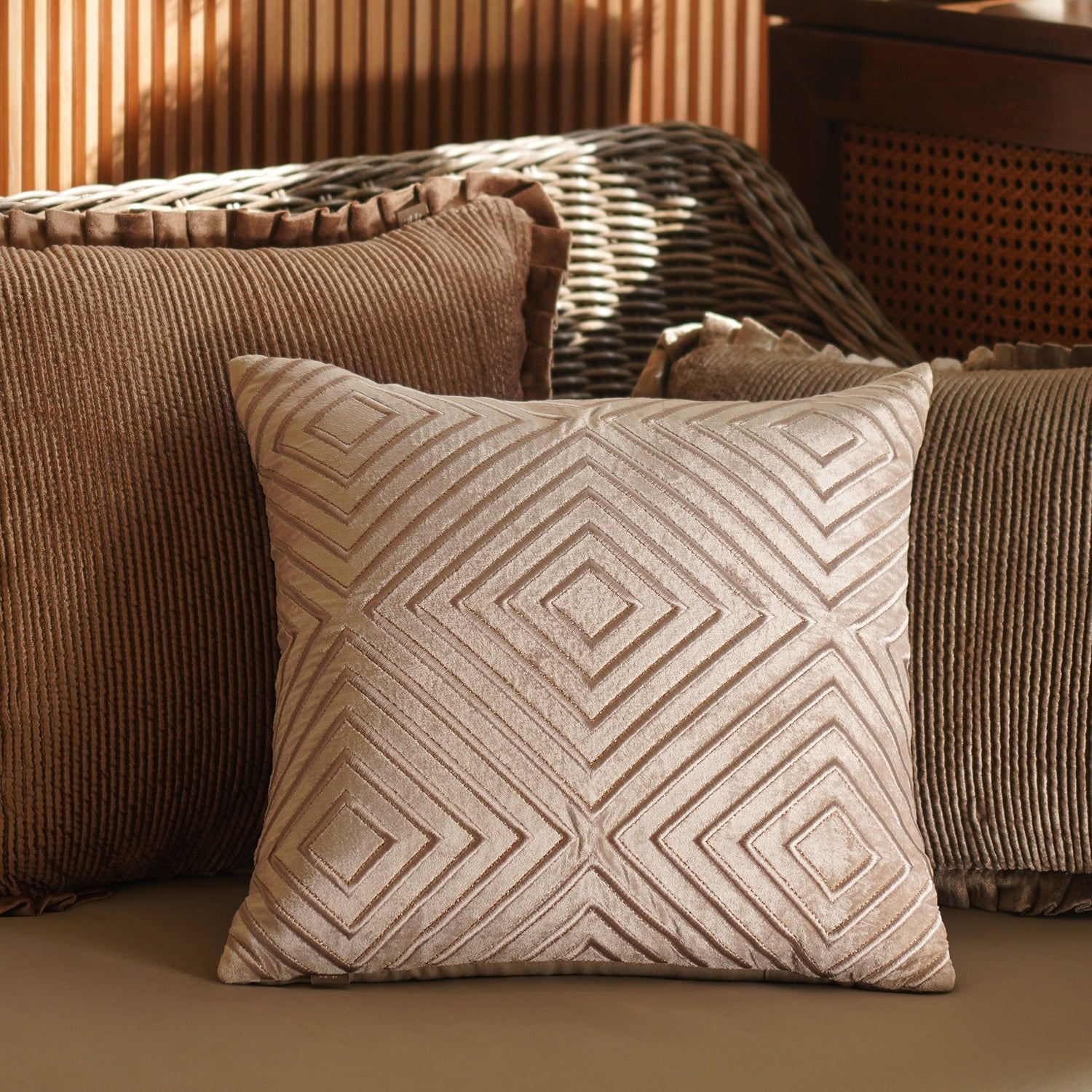 Beige Diamond Stripe Embroidered Cushion Cover