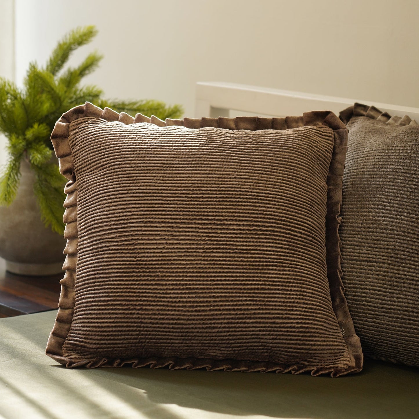 Brown Textured Striped Cushion Cover