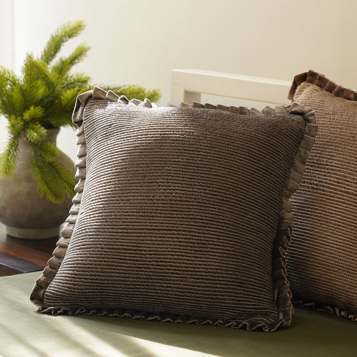 Dark Brown Textured Striped Cushion Cover