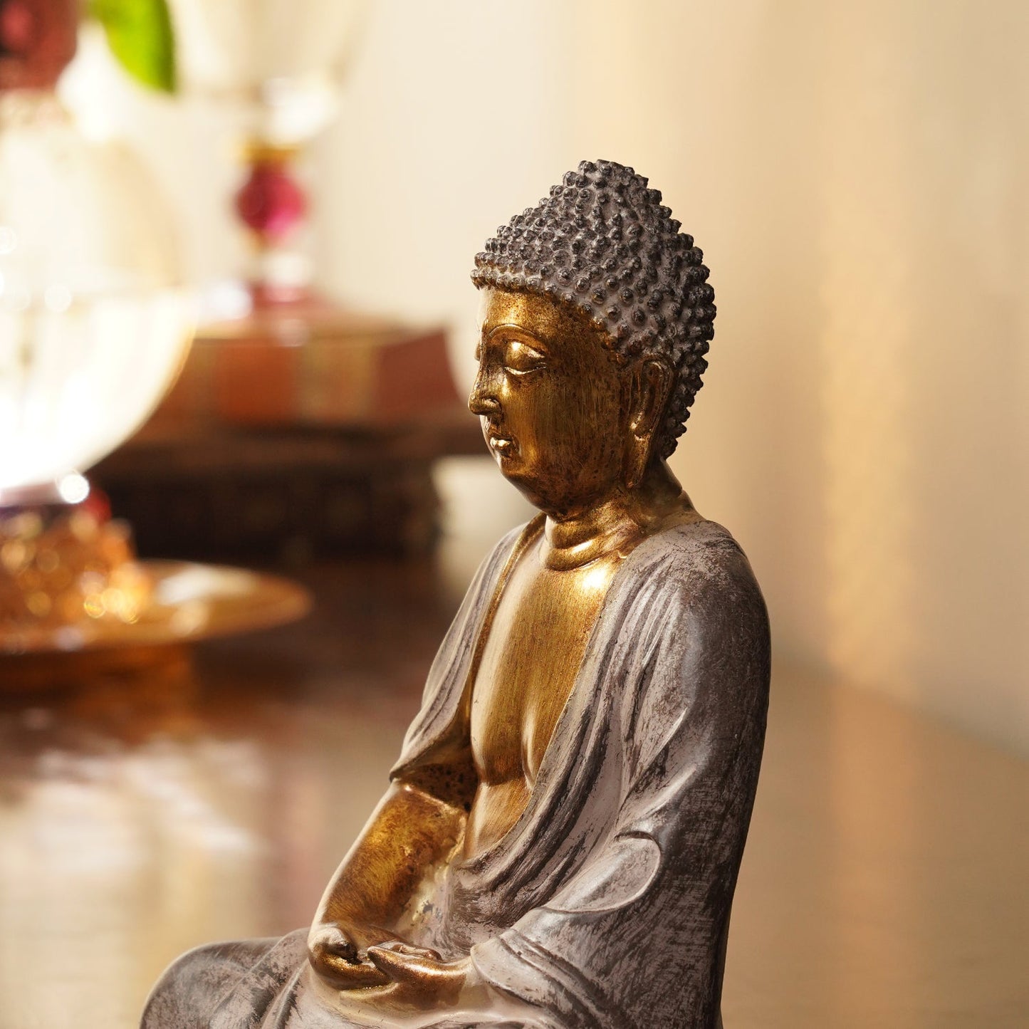 Antique Gold Polyresin Buddha with Hands in Lap