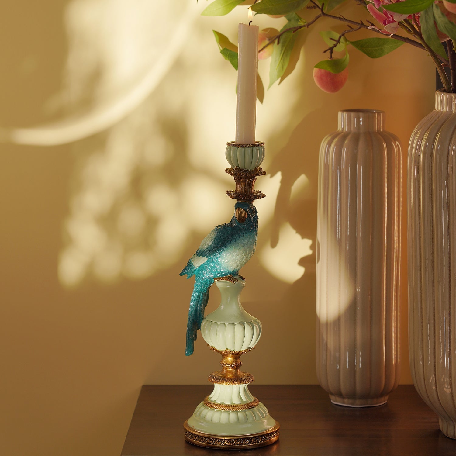 Blue Polyresin Parrot Candleholder