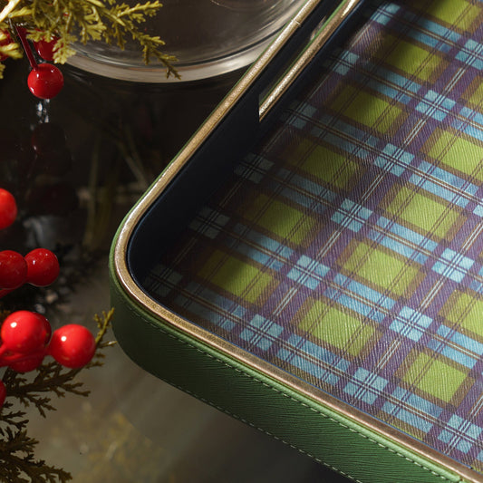 Green Plaid Faux Leather Rectangular Serving Tray