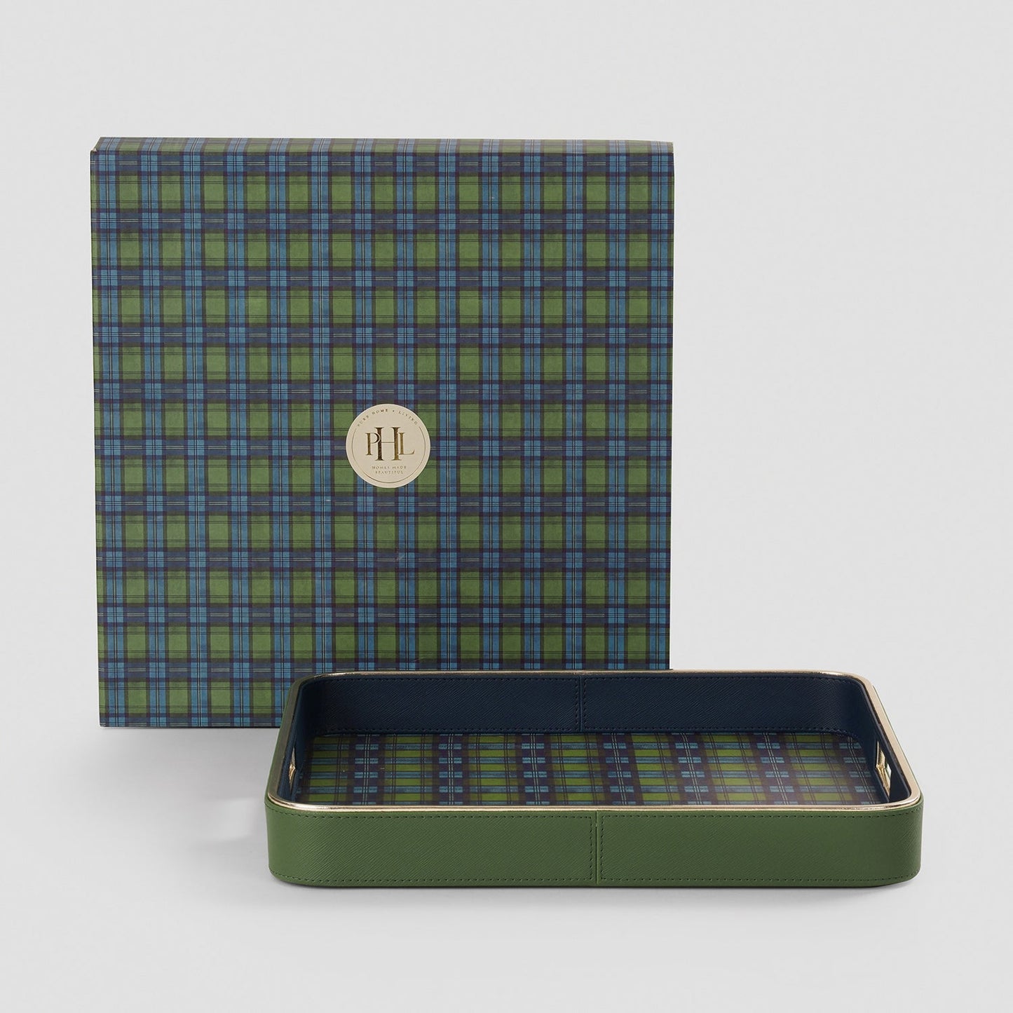 Green Plaid Faux Leather Rectangular Serving Tray