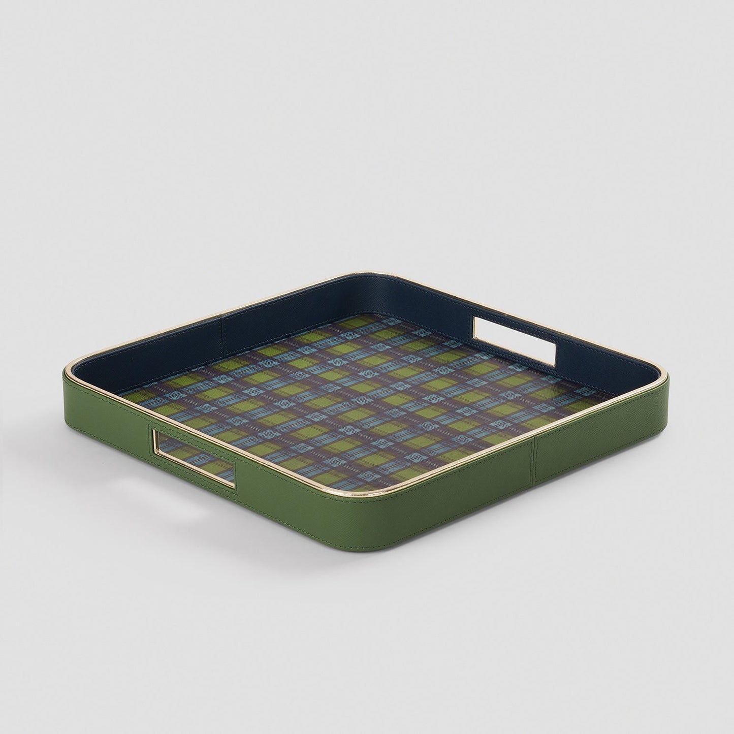 Green Plaid Faux Leather Rectangular Serving Tray