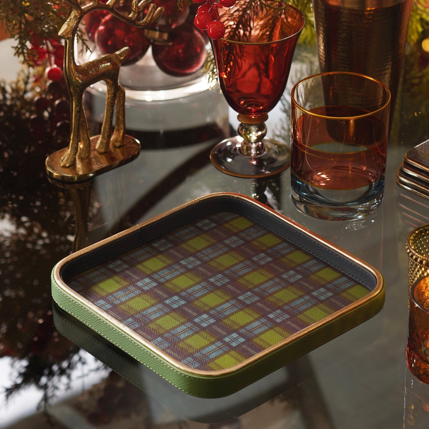 Green Plaid Faux Leather Square Platter - Small