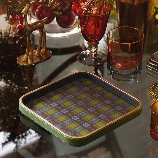 Green Plaid Faux Leather Square Platter - Small