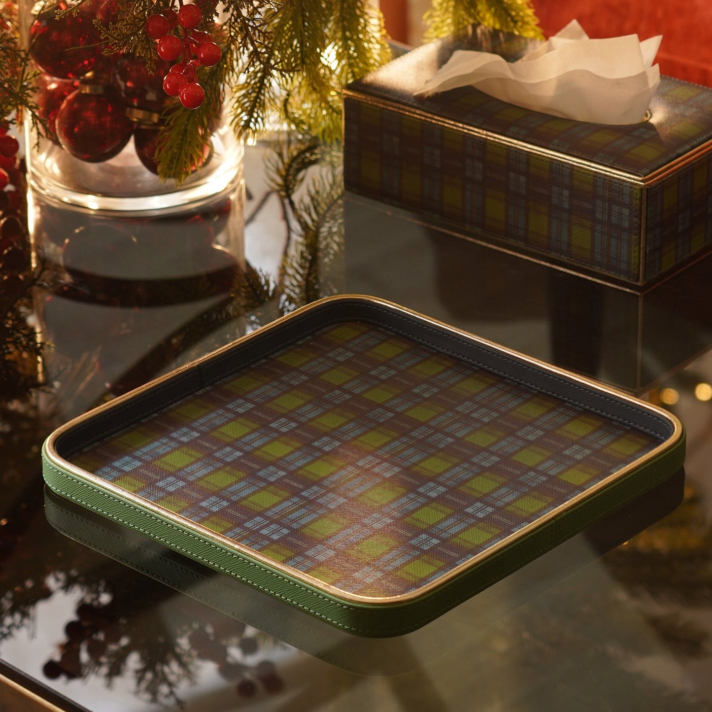 Green Plaid Faux Leather Square Platter - Large