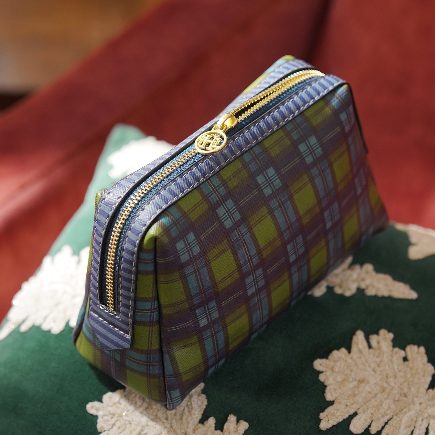 Green Blue Plaid Faux Leather Vanity Pouch - Small