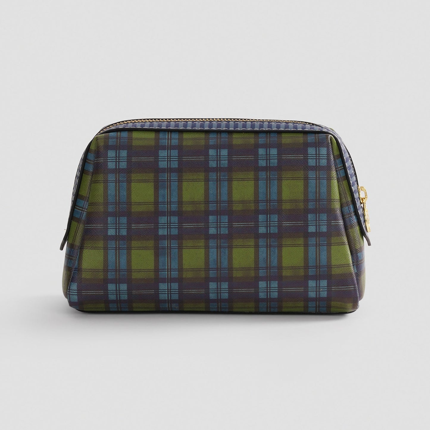 Green Blue Plaid Faux Leather Vanity Pouch - Small