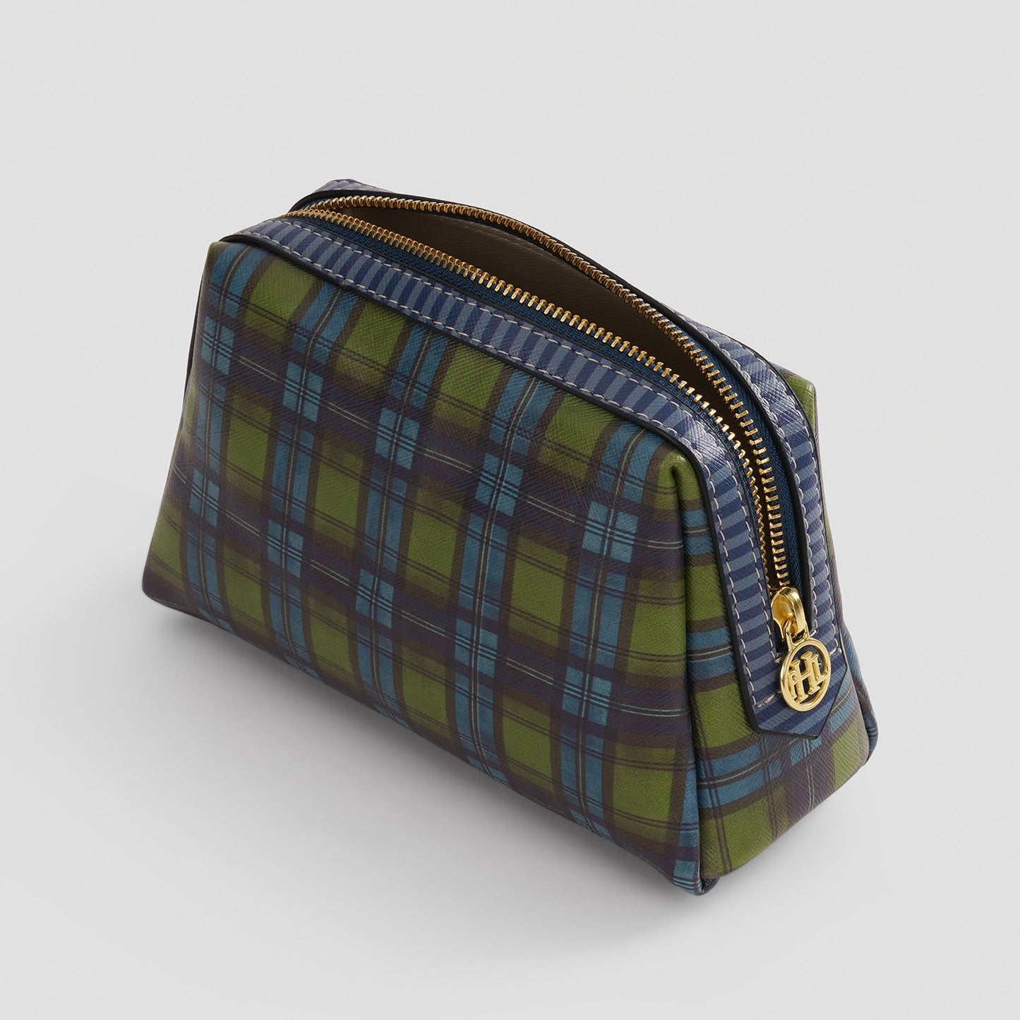 Green Blue Plaid Faux Leather Vanity Pouch - Small