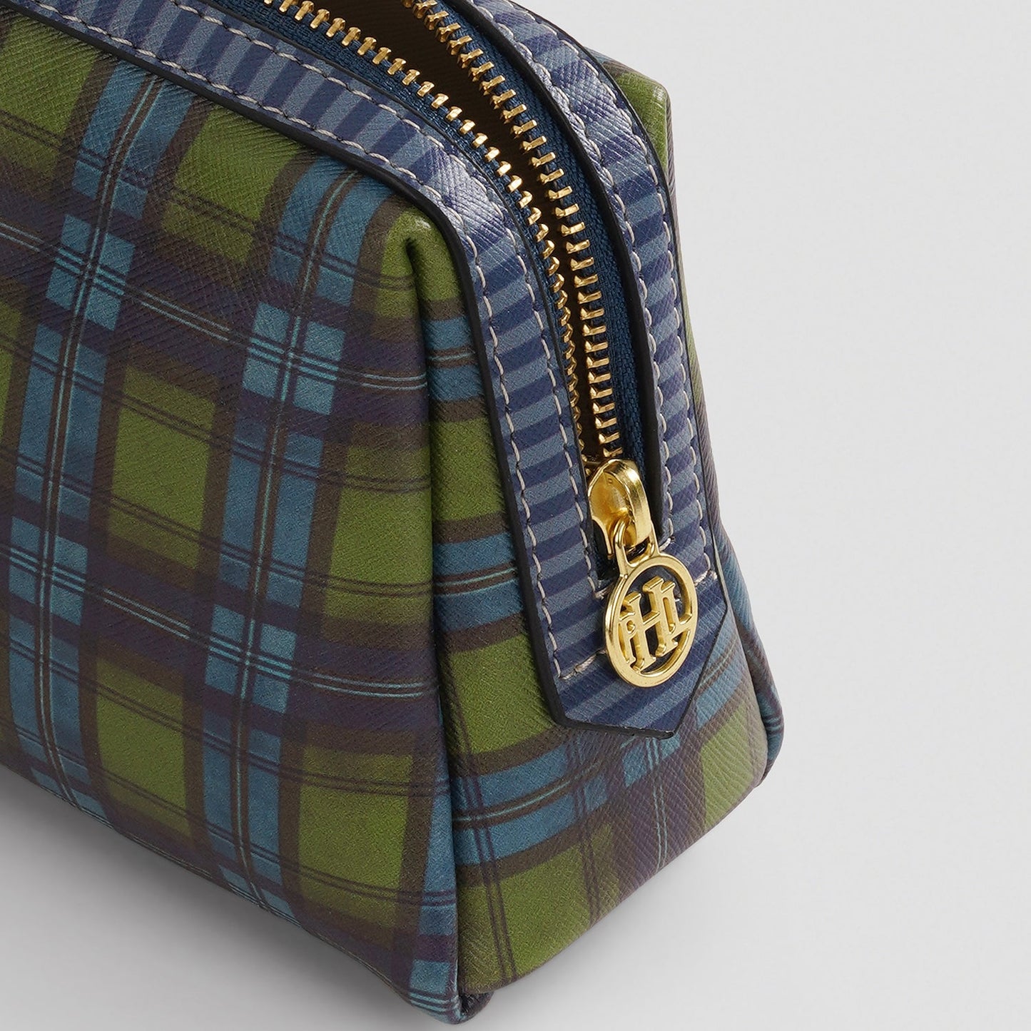 Green Blue Plaid Faux Leather Vanity Pouch - Small