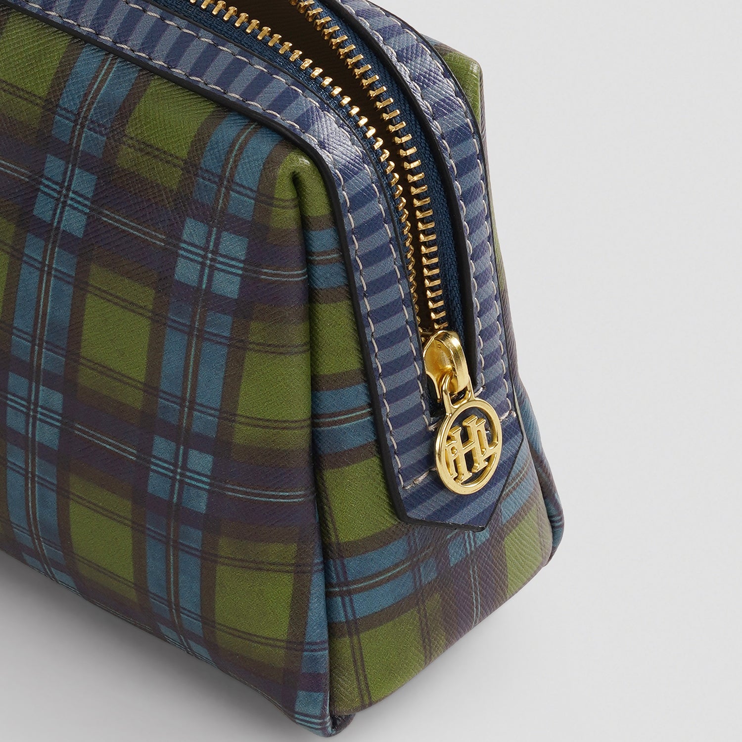 Green Blue Plaid Faux Leather Vanity Pouch - Small