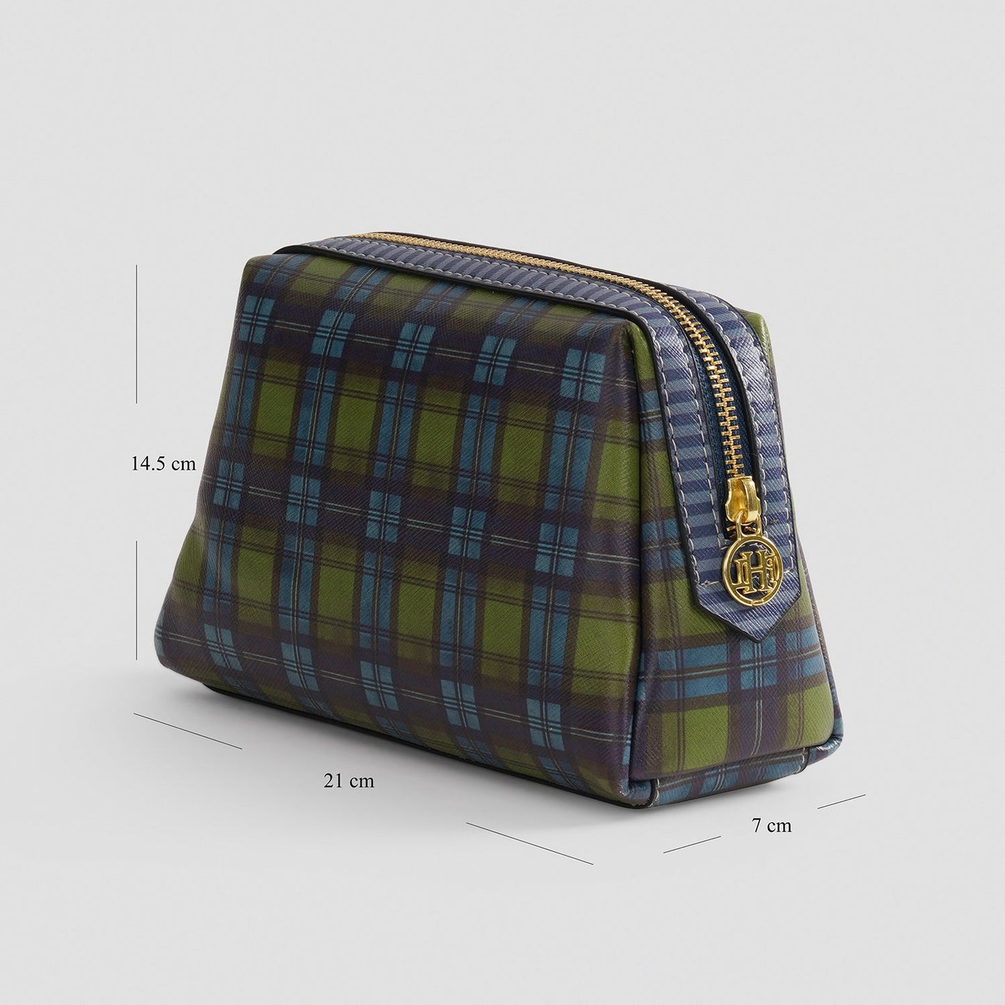 Green Blue Plaid Faux Leather Vanity Pouch - Small