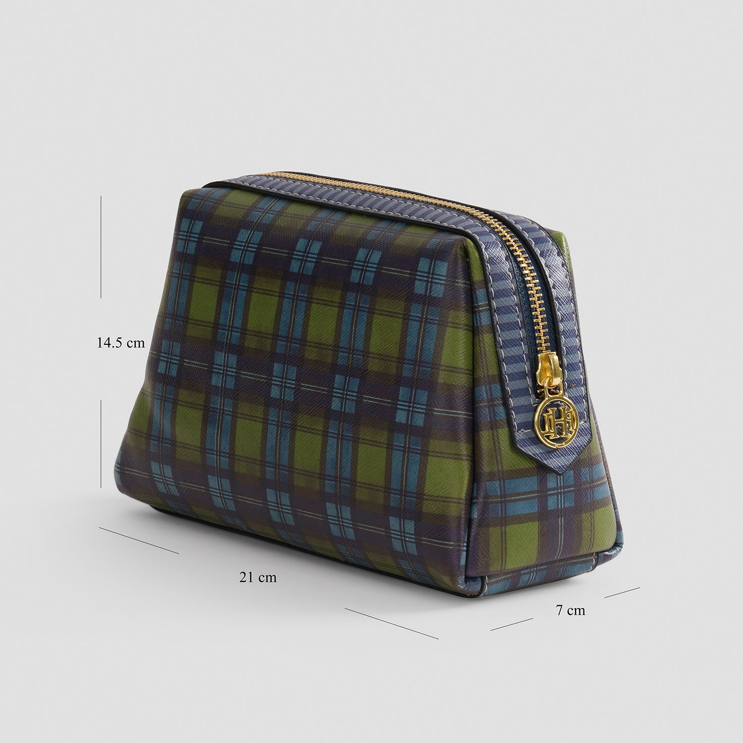 Green Blue Plaid Faux Leather Vanity Pouch - Small