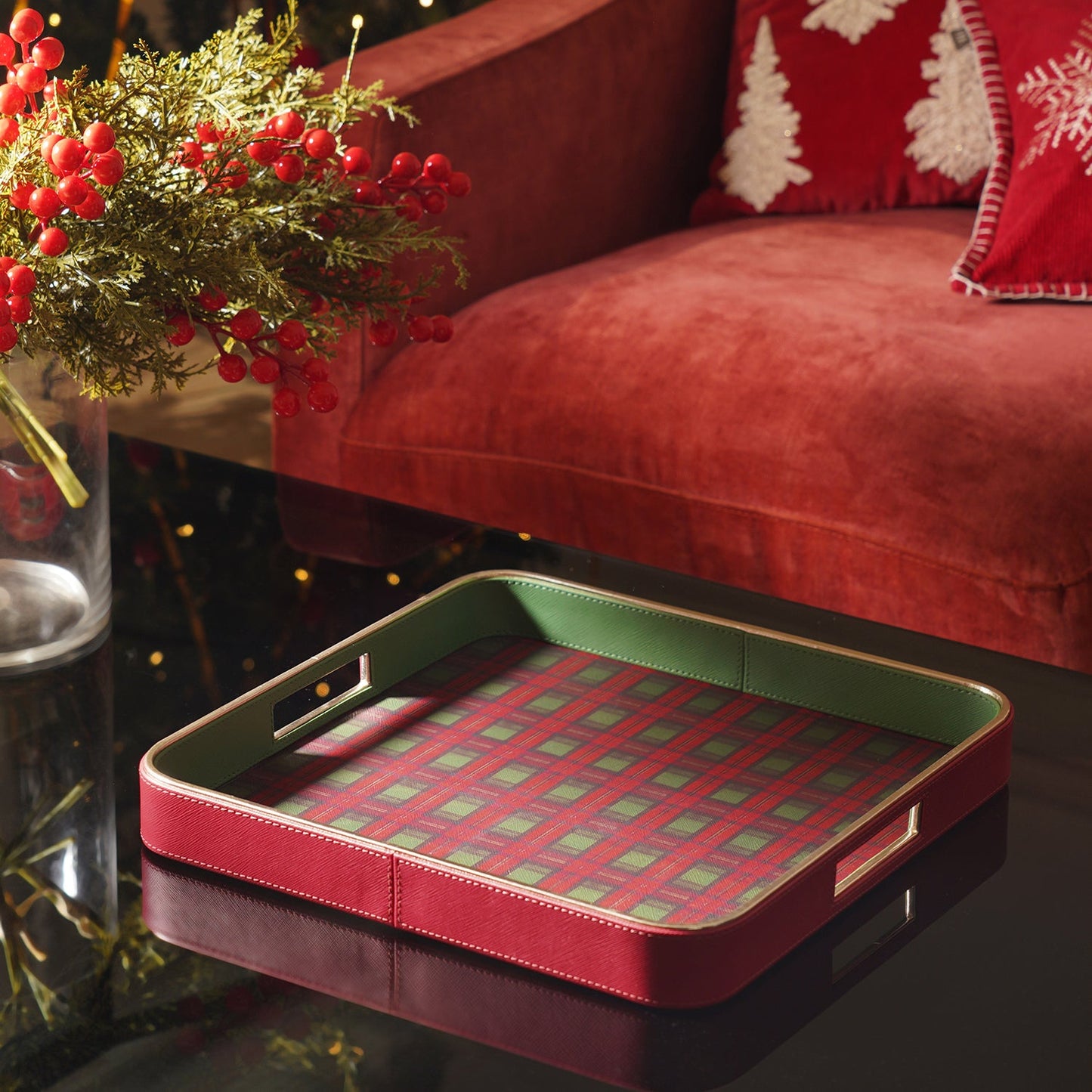 Red Plaid Faux Leather Square Serving Tray