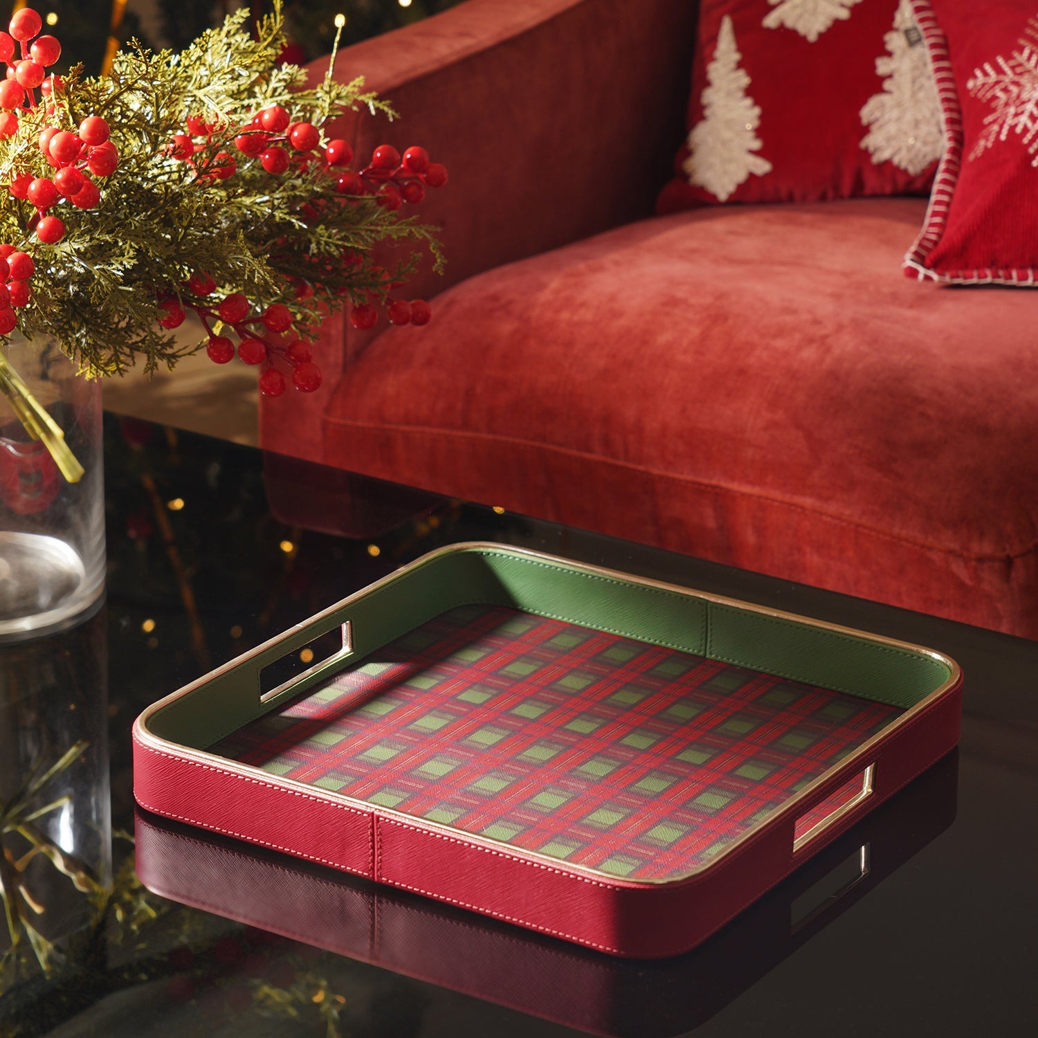 Red Plaid Faux Leather Square Serving Tray