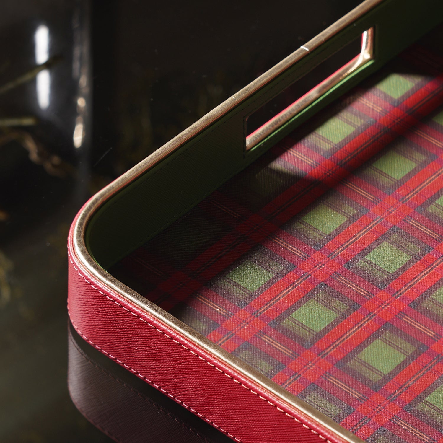 Red Plaid Faux Leather Square Serving Tray