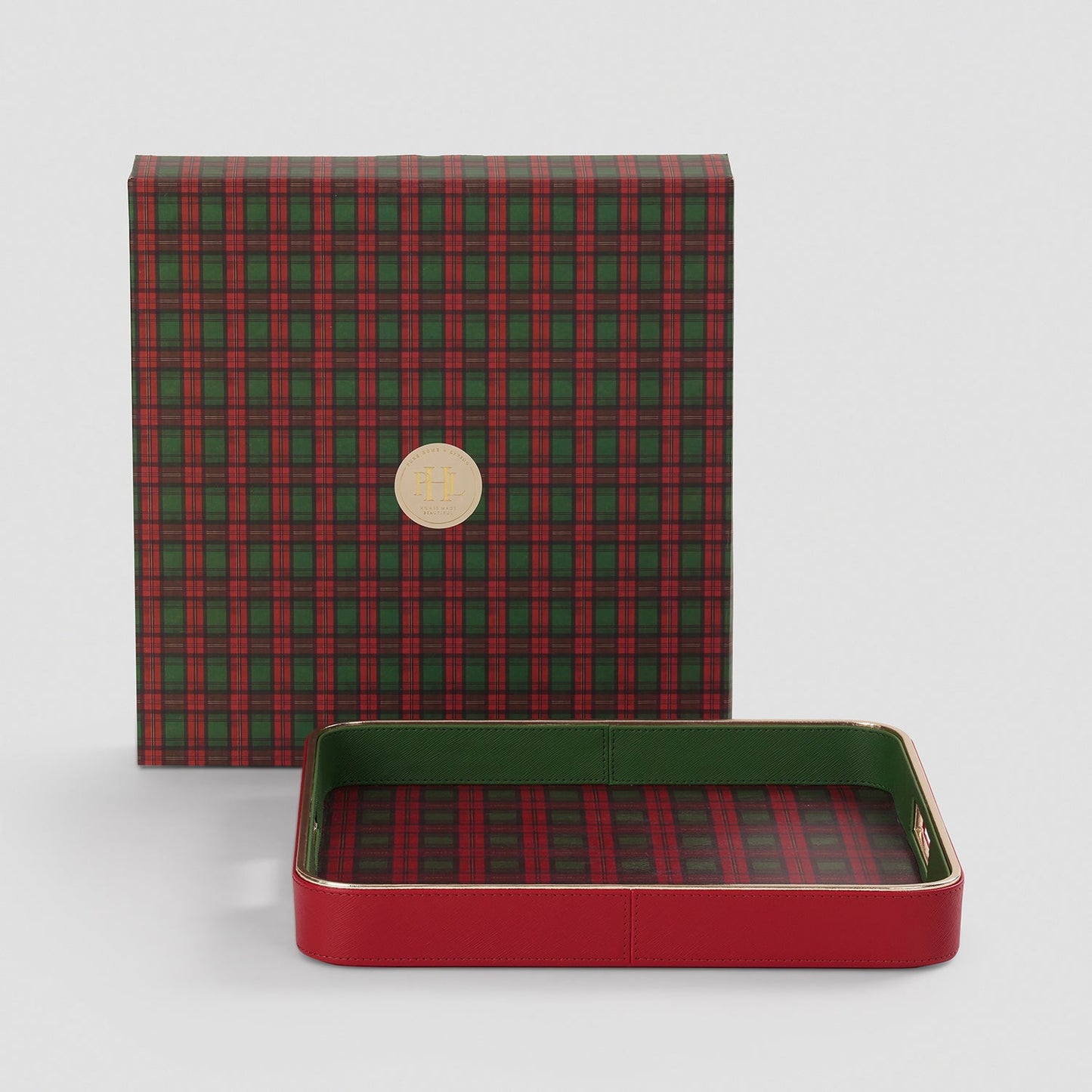 Red Plaid Faux Leather Square Serving Tray