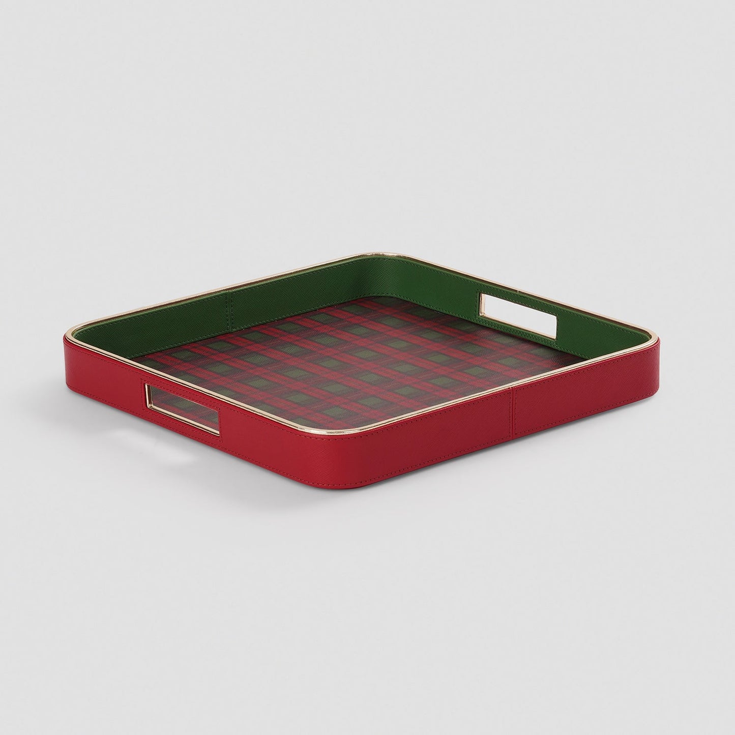 Red Plaid Faux Leather Square Serving Tray