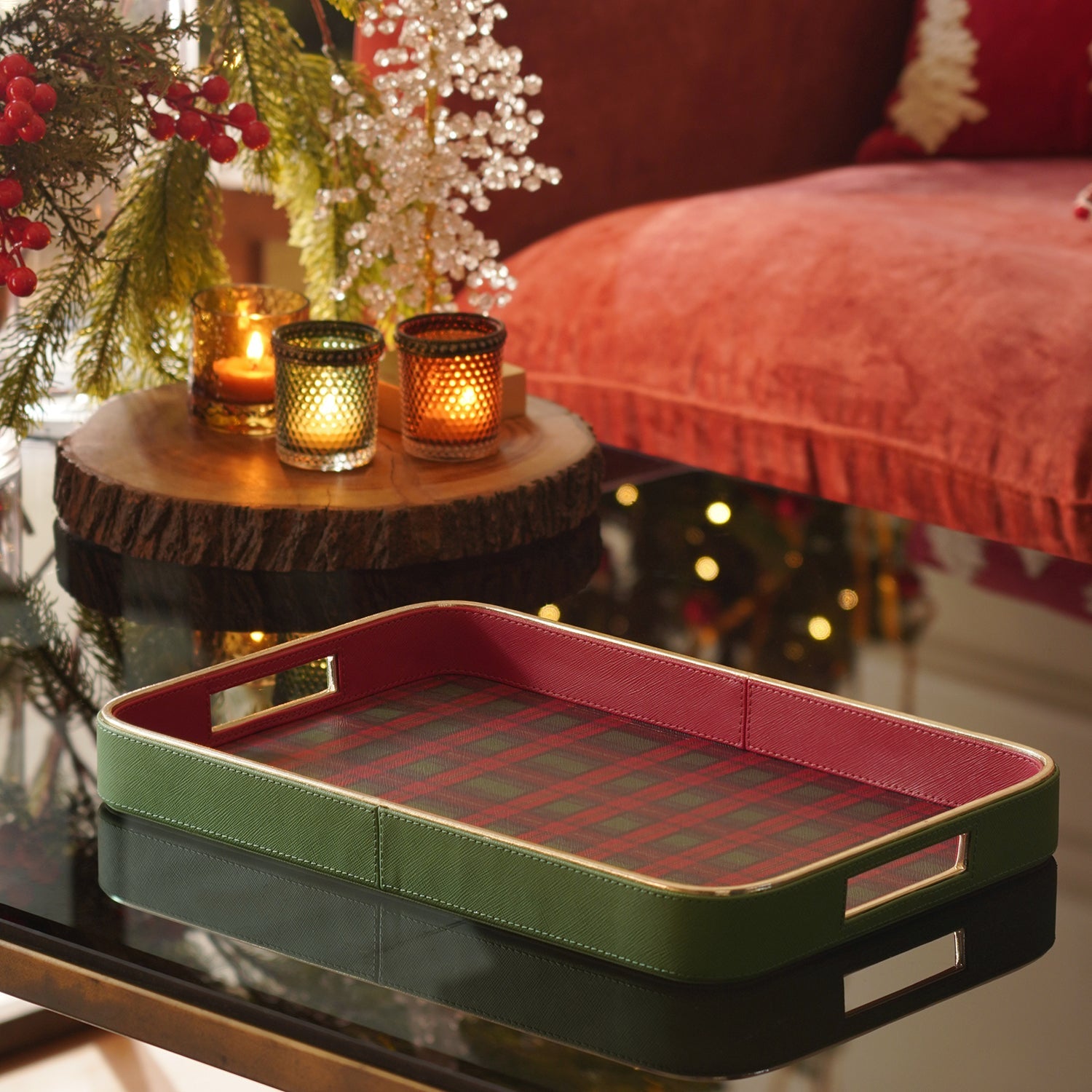 Red Green Plaid Faux Leather Rectangular Serving Tray