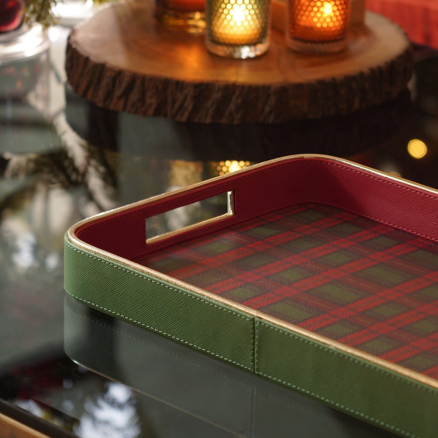Red Green Plaid Faux Leather Rectangular Serving Tray