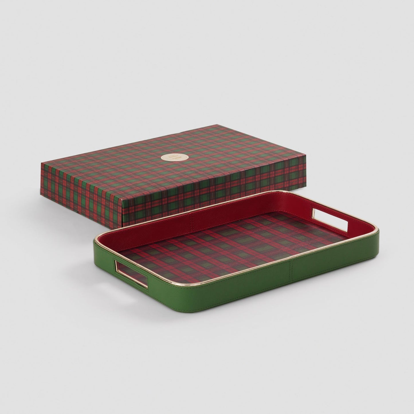 Red Green Plaid Faux Leather Rectangular Serving Tray